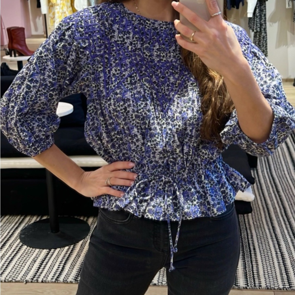 Ba&sh Women's Royal Purple Floral Patterned Top Blouse Embroidered Drawstring